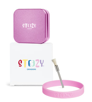 STEEZY® Pocket | High-Class Grinder | 55mm | 2-piece herb grinder | Square | CNC-machined aluminum alloy | Neodymium magnetic closure | Includes brush & "Pink Pirouette" tapping band