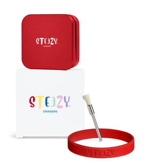 STEEZY® Pocket | High-Class Grinder | 55mm | 2-Piece Herb Grinder | Square | CNC-machined aluminum alloy | Neodymium magnetic closure | Includes brush & tapping band "Red Scarlett"